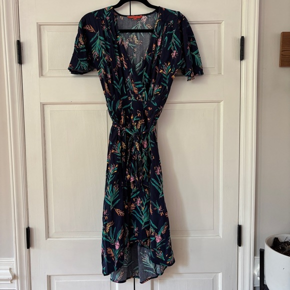 Modcloth Romantic Renewal Faux Wrap Midi Dress Navy Floral Vacation Pink Size XS - Picture 4 of 17
